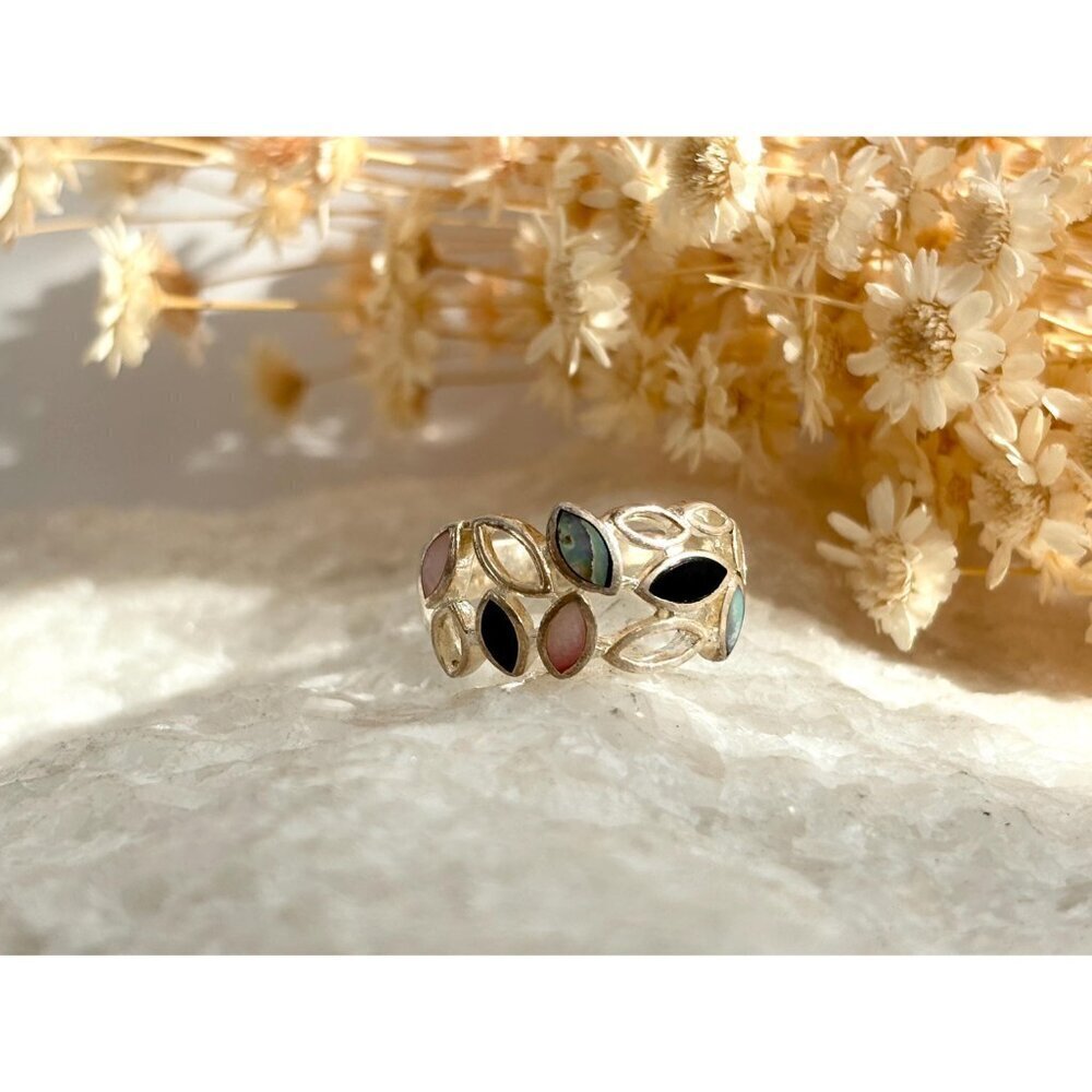 Multi Gemstone Abalone, MOP & Black Onyx 925 Sterling Vintage Ring - sz 6 - Picture 12 of 12